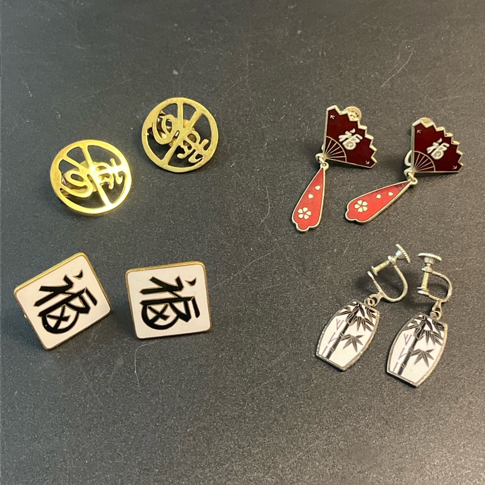 Mixed Asian-Inspired Earrings Set — Gold, Red, White, Silver